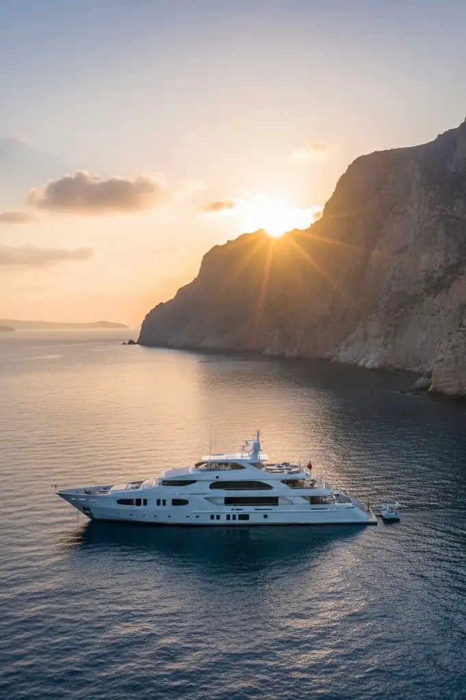 Yacht ancré au coucher du soleil