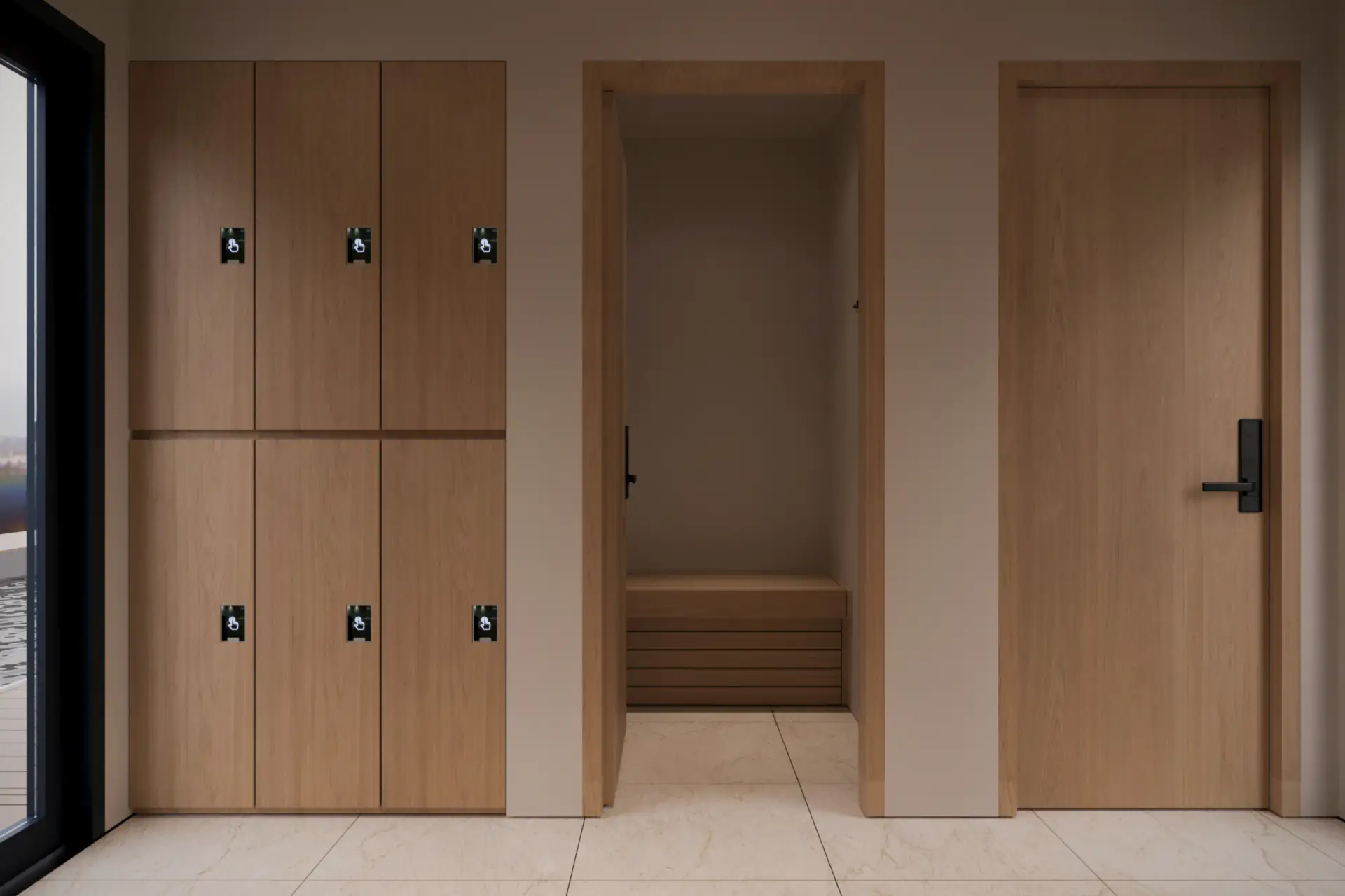 Minimalist changing area featuring light wood lockers