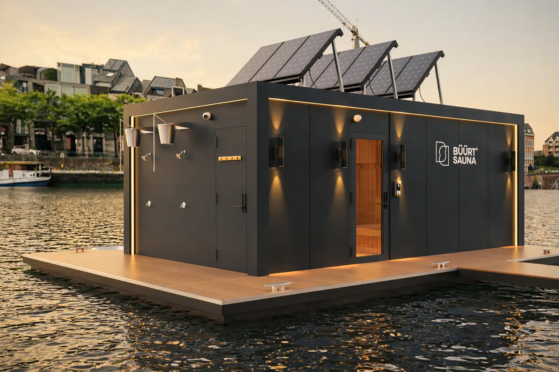Floating Büürt°Sauna with solar panels on a city waterway
