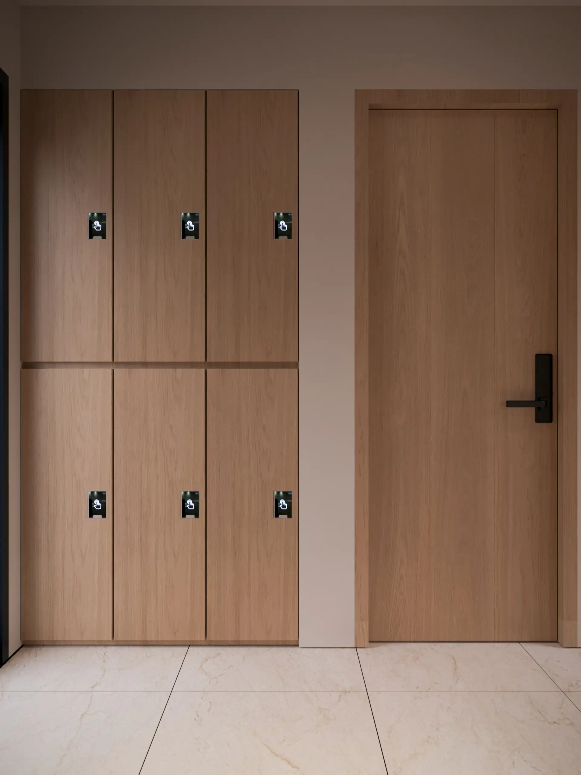 Modern wooden lockers with digital touch-screen locks