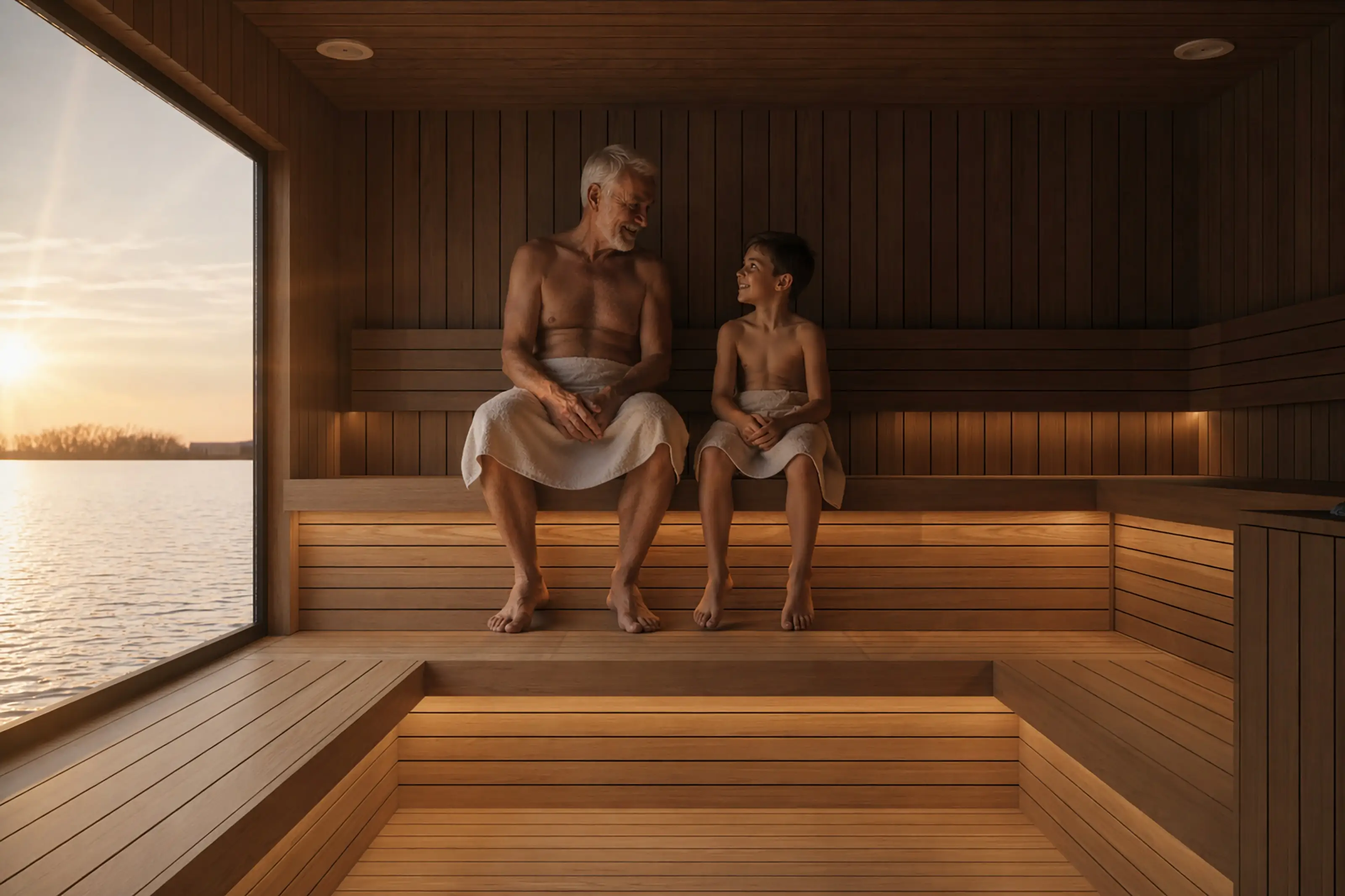 An older man and a young boy sit together in a modern wooden sauna at sunset