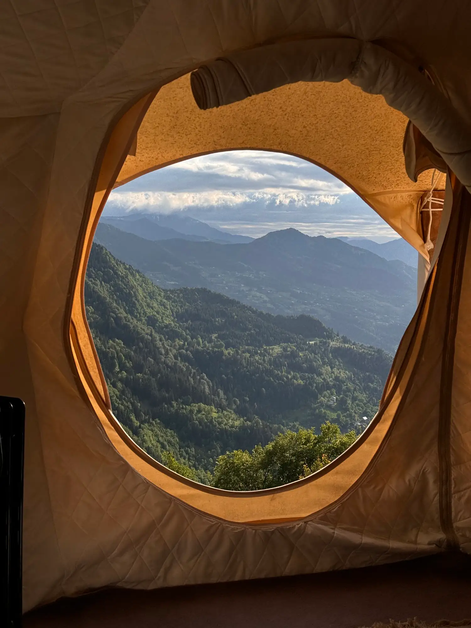 Inside Half Dome Dormitory with panoramic mountain views