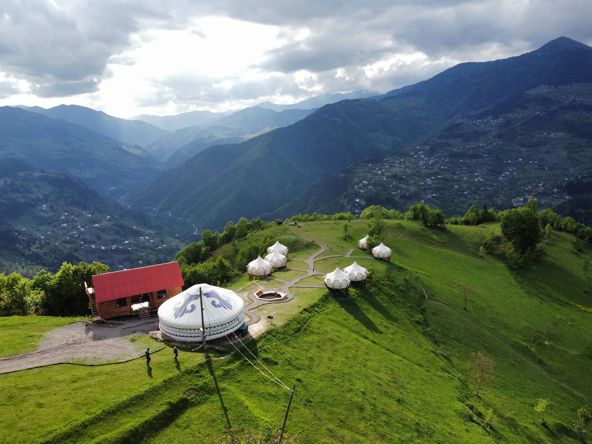Aerial view of glamping site