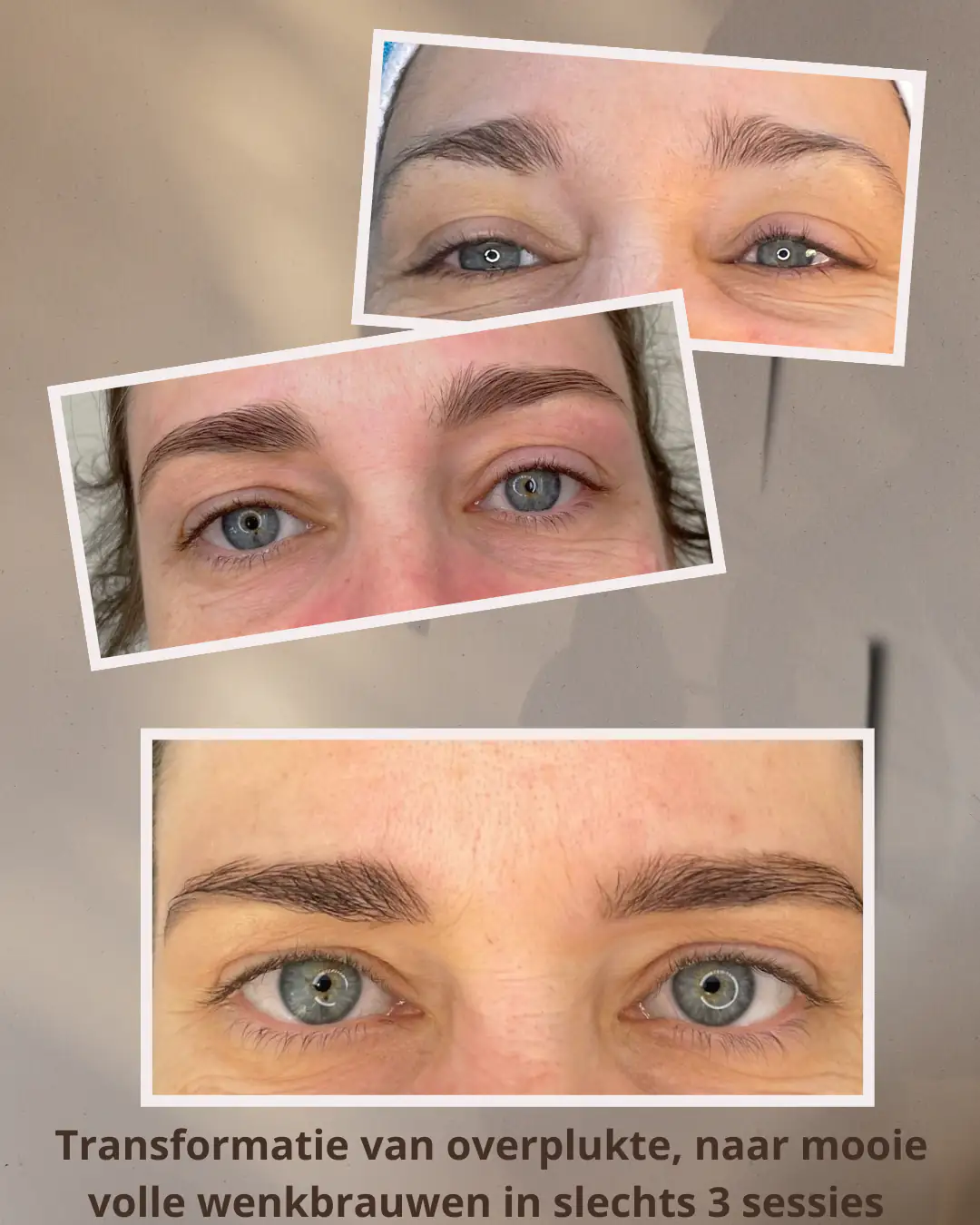 Collage van drie close-ups van wenkbrauwen transformatie over drie sessies