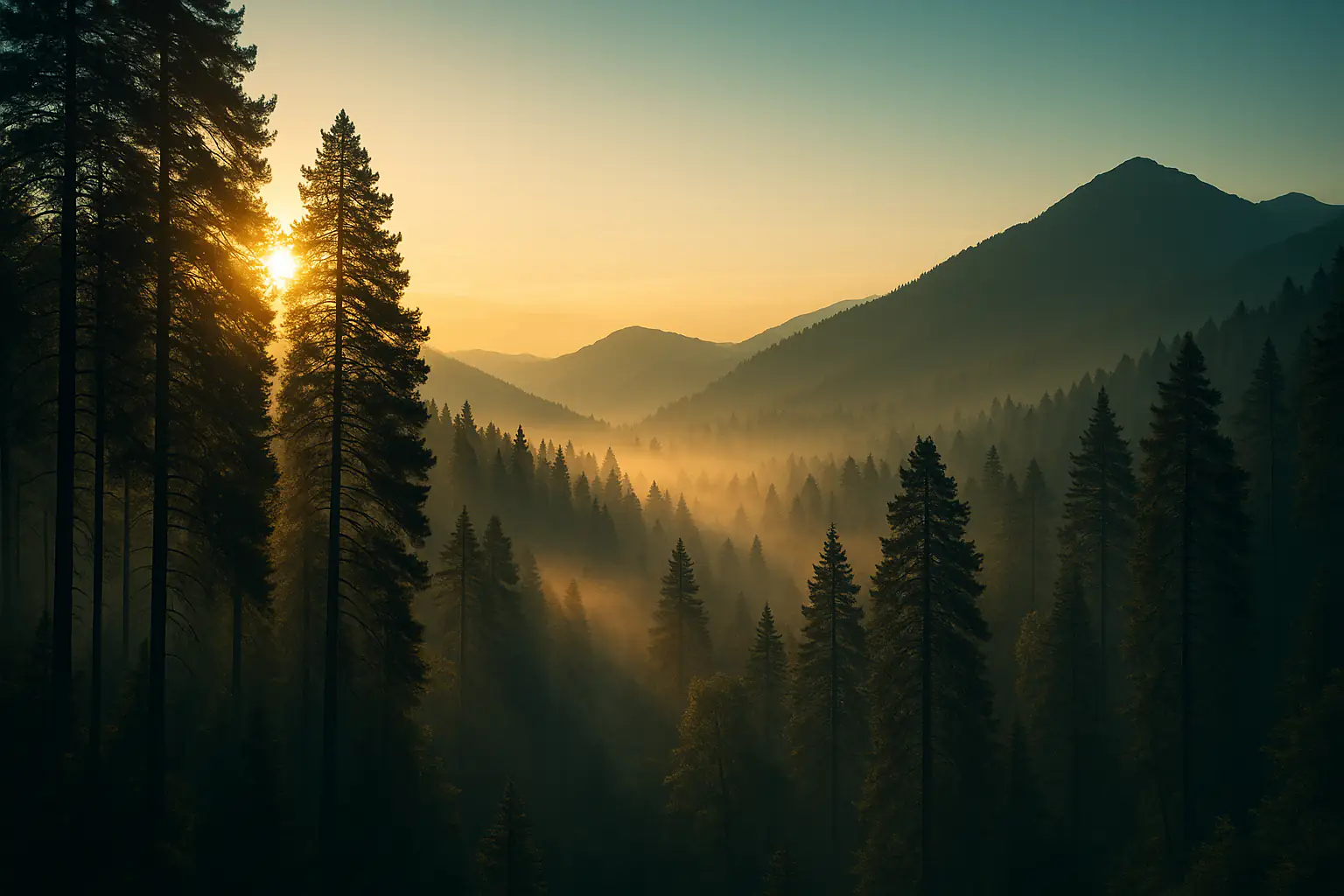 Туманный горный лес на рассвете с лучами золотого света