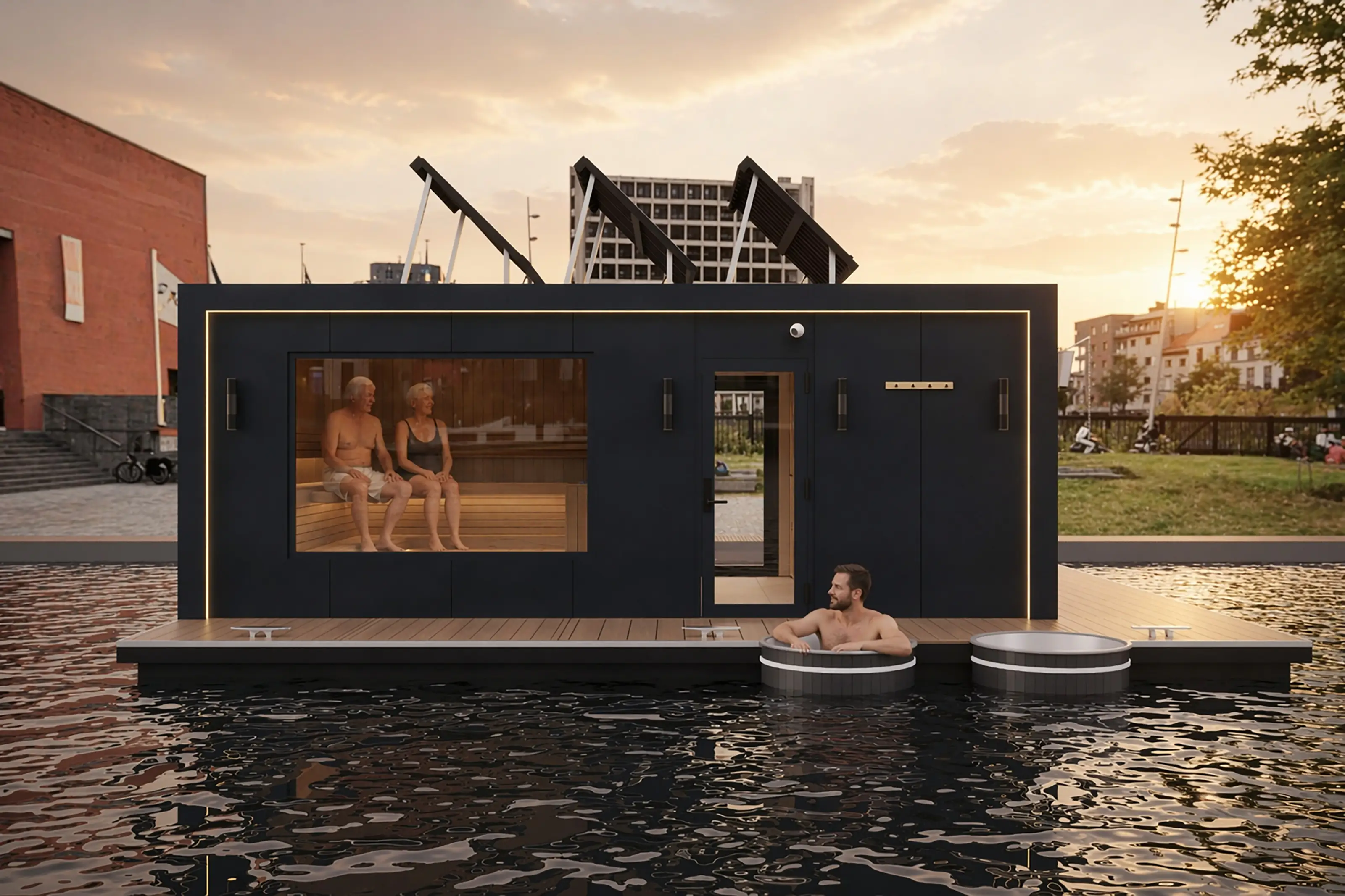 Locker room with light wood cabinetry overlooking an outdoor pool