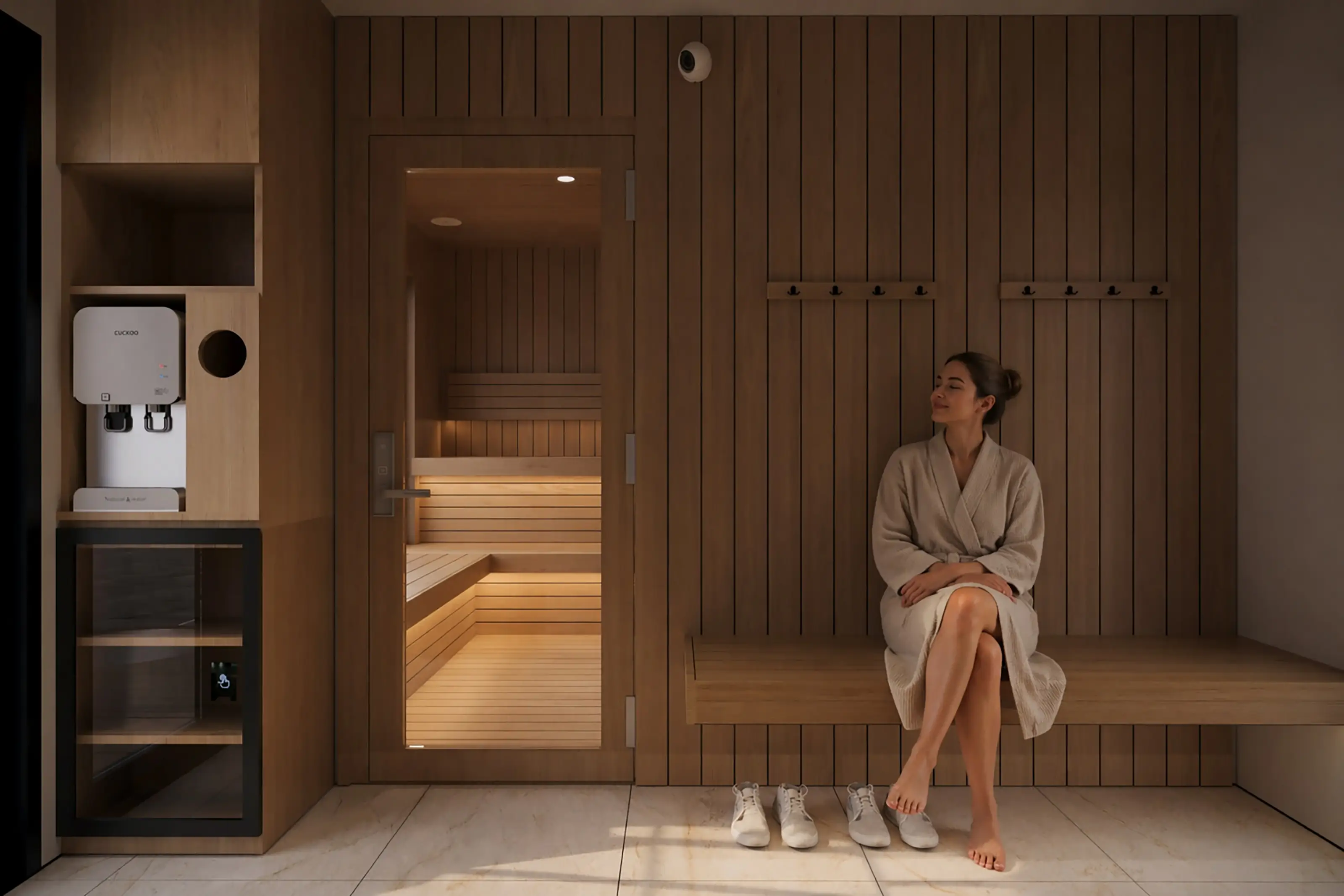 Woman relaxing in modern sauna