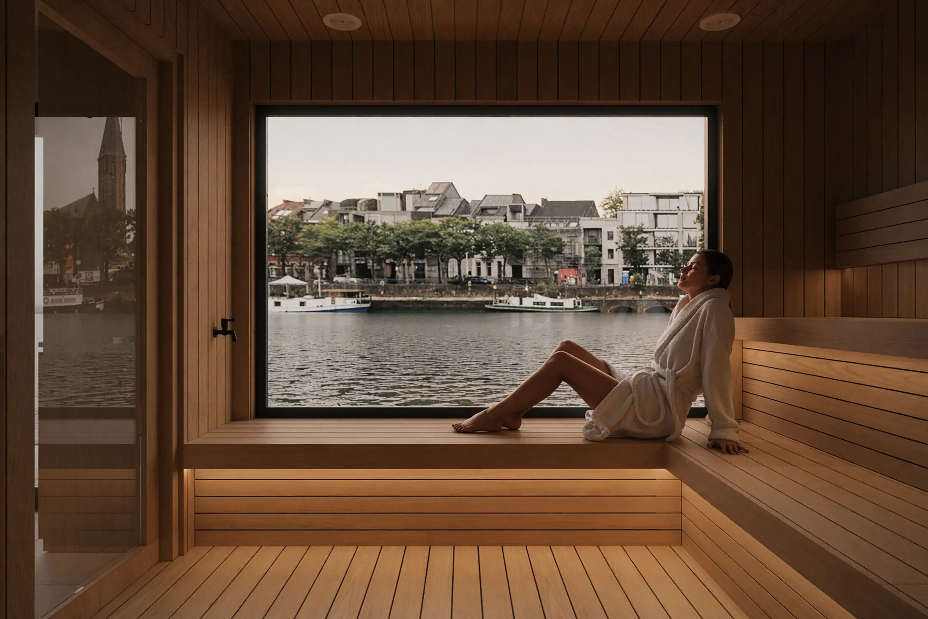 Woman looking out of sauna window