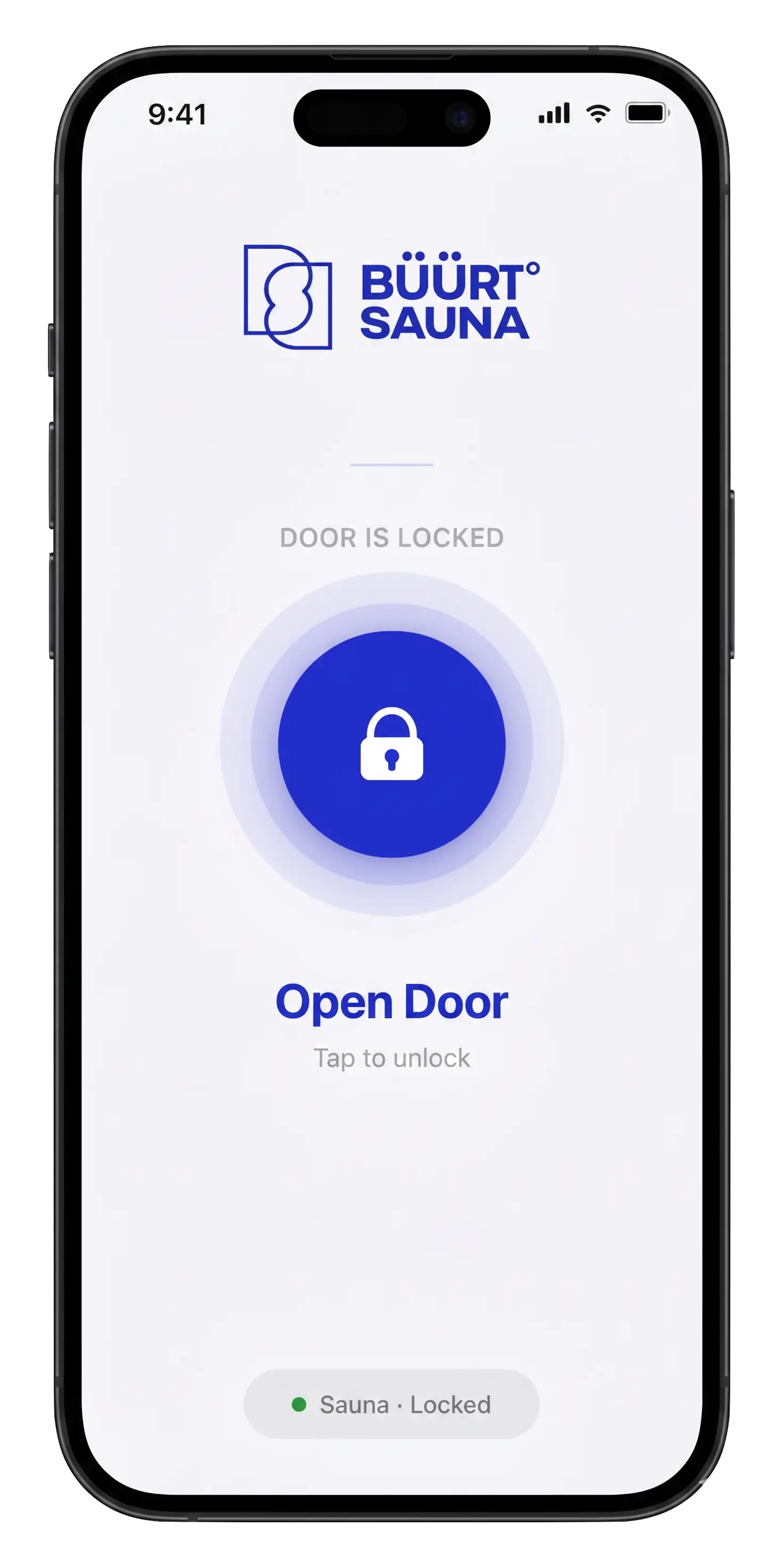 Smartphone displaying the Büürt Sauna app interface with an Open Door button