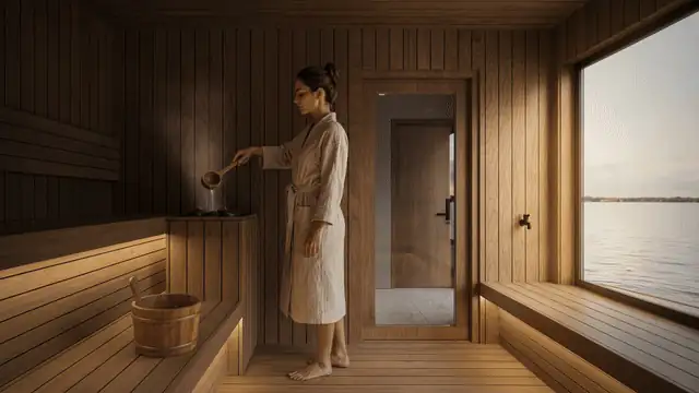 A woman wearing a light bathrobe is standing inside a wood-paneled sauna, using a wooden ladle to pour water over hot stones.