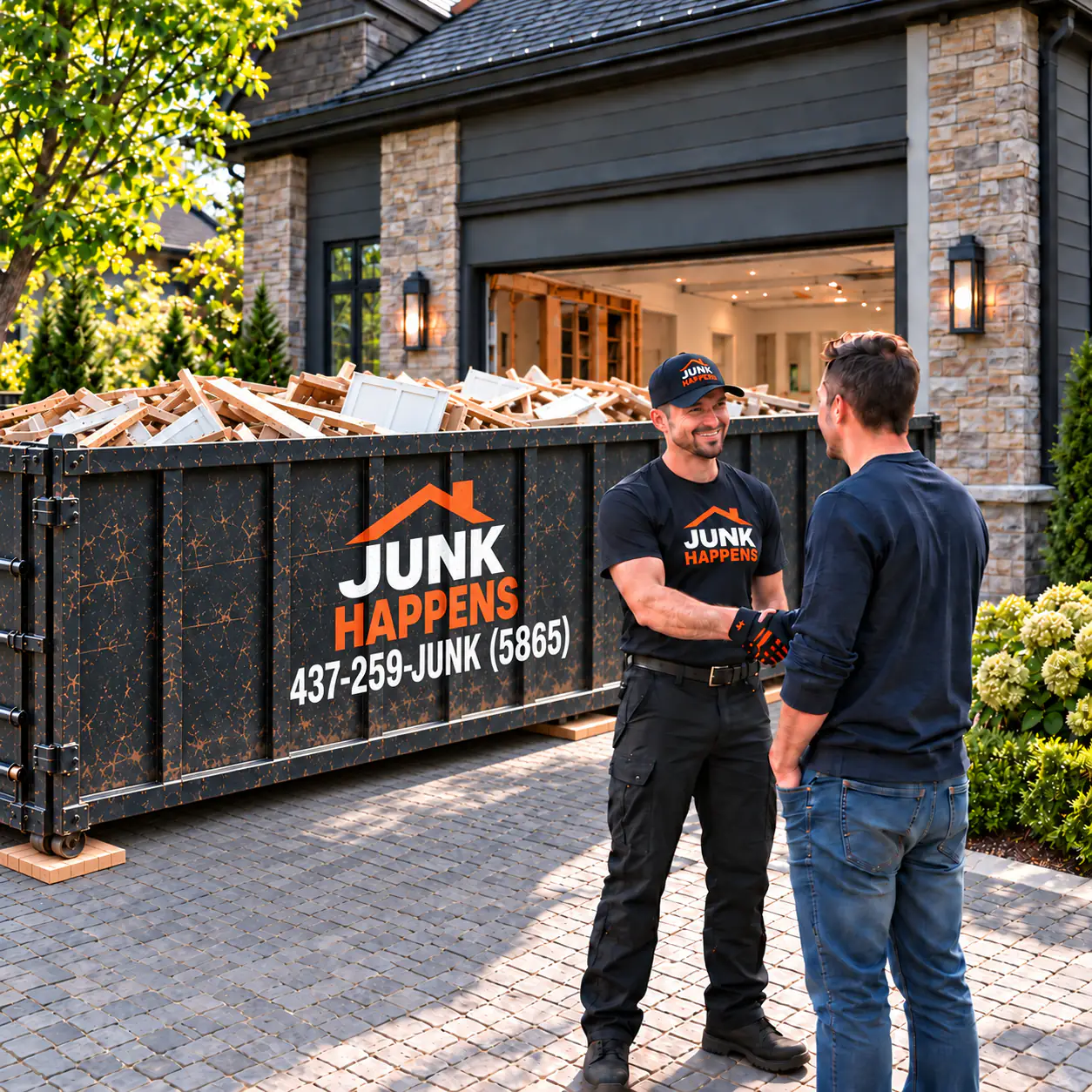 Junk Happens branded roll-off bin loaded with renovation debris in a residential driveway