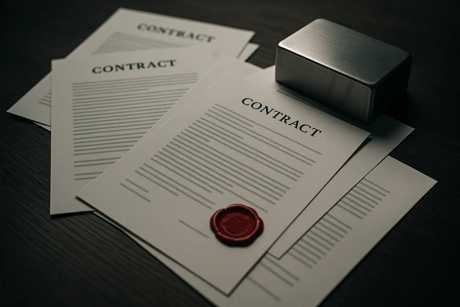 Corporate legal documents and seals on an office desk